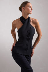 Black Cross Halter Neck Sleeveless Tailored Top